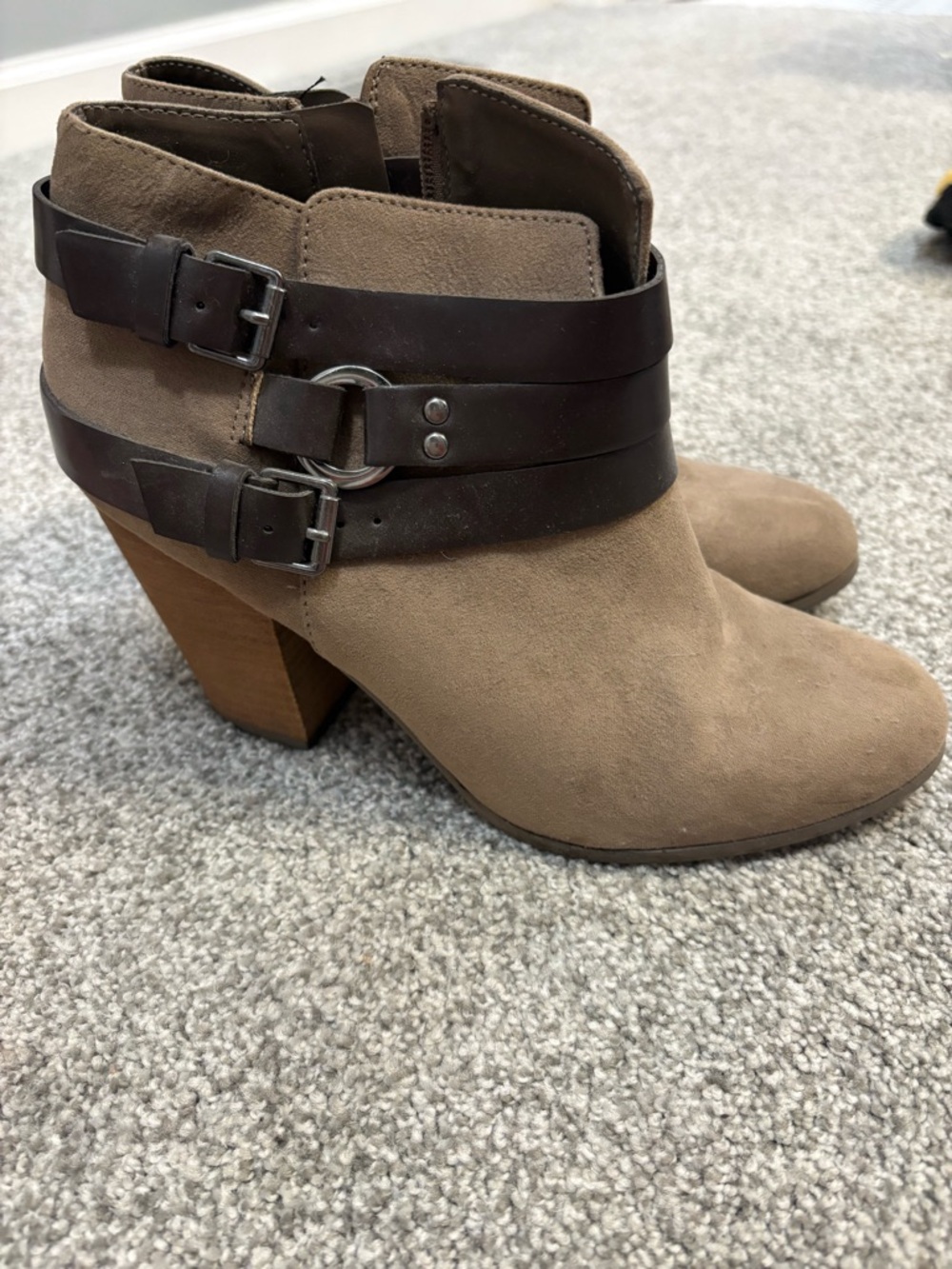 Carlos by Carlos Santana Taupe Suede Ankle Booties with Dark Brown Straps